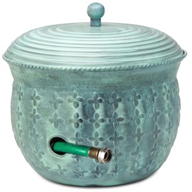 Garden Hose Holder Storage Pot Copper with Lid Antique Green Finish Lattice Steel Updated for November 2020 (Light Green)