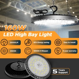 KSTARITE 160W 4 Pack UFO High Bay LED Shop Lights, 25000LM LED Garage Lights, 6500K Barn Light, Industrial Light w/ 6.6ft Plug Power Cord, IP65 Waterproof Work Lamp for Warehouse Workshop Factory Gym