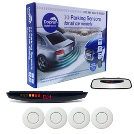 Dolphin Automotive DPS455 Reverse Parking Sensors In 32 Colours 4 Ultrasonic Radar Sensors Kit Audio & Rear Roof Mounted Display Alert System Matt & Gloss Black +30 More Colours (White)