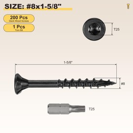 METALLIXITY Deck Screws (#8x1-5/8) 200Pcs, Carbon Steel Wood Screw Decking Screws with T25 Torx Drive Head - for Wood Fence, Table, Chairs, Black