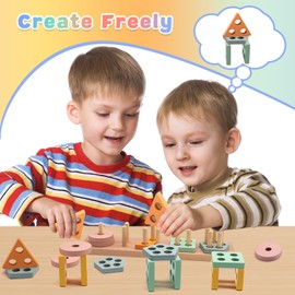 Hanari Montessori Toys for Toddlers 3 Year Old, Wooden Stacking Toy for Boys Girls, Color Learning Sorting Educational Toys, Shape Puzzle Blocks for Baby Kids Gift, Development Sensory Counting - INS