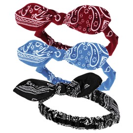 Qianyu 3Pcs Elastic Paisley Bandanas Rabbit Ears Headbands Adjustable Headwraps Retro Turban Cute Knot Hair Accessories Bow Hair Tie for Women Girl Party Prom Yoga (red+black+sky blue, one size)