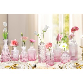 Pink Glass Bud Vases Set of 20 - Mini Vintage Vases for Wedding Decorations Home Table Flower Decor, Small Carved Design Glass for Centerpieces