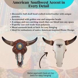 BestGiftEver Bull Skull with Tooled Leather Southwest Home Decor Wall Hanging Decoration - Rustic Bull Skull Wall Sculpture - Native American Indian Style Home Decor with Tooled Leather Look