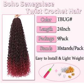 QIDESHENG 9 Packs Senegalese Twist Crochet Hair 24 Inch Pre-Looped Island Twist Boho Crochet Braids Hair Extensions with curls Synthetic Crochet Hair Extensions for Black Women（1B/Bug）