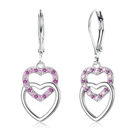 LOLIAS 925 Sterling Silver Heart Earrings for Women Girls Silver Hoop Earrings Multicoloured Zirconia Dangle Earrings Hypoallergenic Double Heart Huggie Hoop Earrings, Sterling Silver