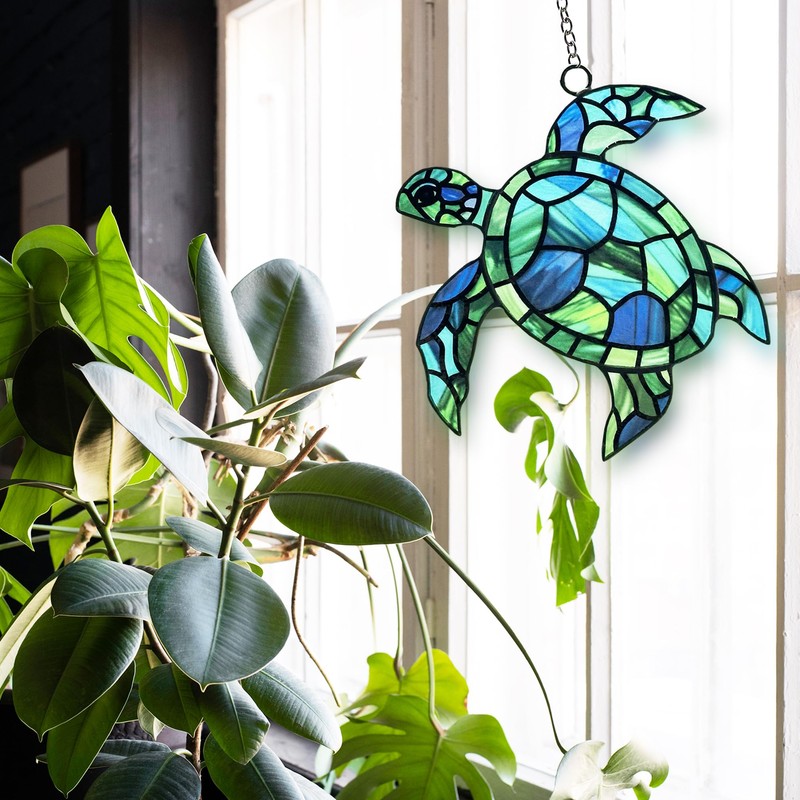 Sea Turtle Suncatcher Decor, Sea Turtles Stained Glass Window Hanging