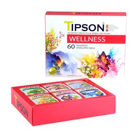 Tipson Wellness Variety Sampler: 6 Flavors | 6 Benefits (60 Tea Bags) - Green Tea & Herbal Infusions for Cleansing, Boosting, Support, and Sleep | Non-GMO & Gluten-Free