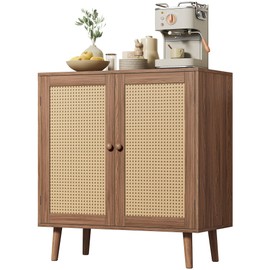 Huuger Buffet Cabinet with Storage, Storage Cabinet with Synthetic Rattan Decor Doors, Accent with Solid Wood Feet, Sideboard for Hallway, Entry, Living Room, Walnut