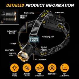 Weejunki 2,000 LM Rechargeable Headlamp, 90° Adjustable Head Lights for Forehead, Headlamps for Adults Rechargeable, IP68 Waterproof Head Lamp for Hunters for Outdoor Camping, Hunting, Running