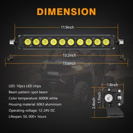 12 Inch Single Row LED Light Bar, Muto-Beam Slim Light Bar Spot Beam Off Road Driving Lights LED Fog Lighting Bars Waterproof Work Lights for ATV UTV Truck SUV Pickup Wrangler Motorcycle
