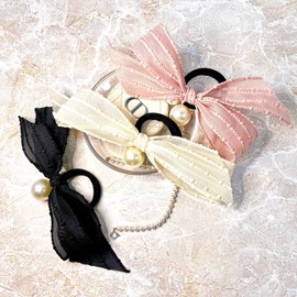 (3 types) Burnaby mesh ribbon unbalanced pearl hairband color / (3종) 버나비 매쉬 리본 언밸런스 진주 헤어끈 컬러