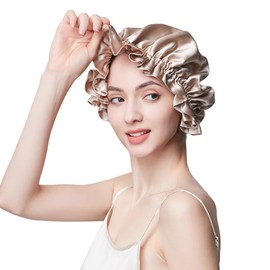 100% Mulberry Silk Reversible Sleep Bonnet – 22 Momme, Double-Layer Hair Wrap & Night Cap for Women Beaty Sleep (Beige)