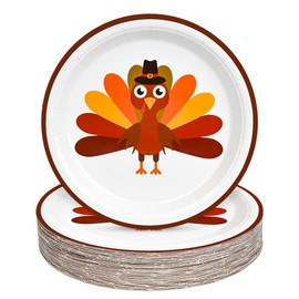 Thanksgiving Paper Plates Fall Cute Turkey Disposable 7" Dessert Plate Autumn Orange Brown Disposable Party Tableware for Holiday Harvest Birthday Baby Shower Party Supplies (48, Turkey)