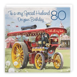 Hunts England - 80th Husband Traction Engine Birthday Card - Age 80 Card For Husband - Steam Tractor - Milo's Gallery - Age Eighty Birthday - 80 Year Old