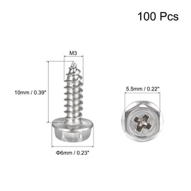 sourcing map Phillips Hex Washer Self Tapping Screws, M3 x 10mm 304 Stainless Steel Hex Flange Sheet Metal Screw 100pcs