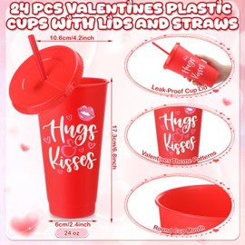 Yungyan 12 Pcs Valentine's Day Cups with Lid and Straw 24 oz Reusable Valentines Plastic Tumblers Red Pink White Heart Drinking Cups for Valentines Cold Drinks Home Office Decoration Party Favors