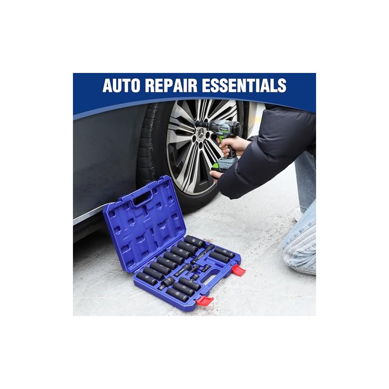 WORKPRO 20-Piece 1/2＂ Drive Deep Impact Socket Set, 6-Point, Cr-V