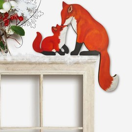 New Fox Door Topper Corner Wooden Decoration,Cute Carved Door Top Hanging Creative Handcrafted Sign Ornament SculptureAnimal Mama Baby Shape Statue for Garden Living Bedroom Office Thanksgiving Gift