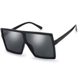 The Fresh Large Oversized Fashion Square Flat Top Sunglasses with Gift Box (1-Black, Grey)