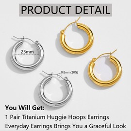 KASFREE Titanium Huggie Hoop Earrings for Women Gold Chunky Hoop Earrings for Women Thick Silver Hoops Huggie Hoops Earrings for Women, Titanium, No Gemstone