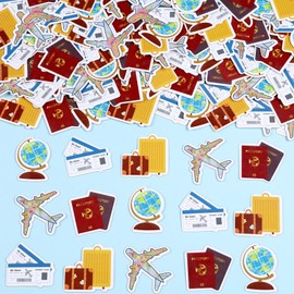 JOYMEMO 200Pcs Travel Theme Confetti, Plane Luggage Globe Printed Paper Scatters for Boy Girl Traveling Birthday Baby Shower Decorations, Retirement Adventure Theme Party