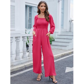 AUXDIO Comfy Jumpsuits for Women 2025 Spring Fashion Clothes Long Sleeve Wide Leg Jumpsuit Street Wear Pink XL