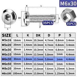 TXXATX Screws M6 x 30 Allen Screws and Nuts Set 35 Sets Flat Head Screws Stainless Steel Screws Full Thread Pan Head Screws M6 Screws with Nuts for Repairs DIY Projects