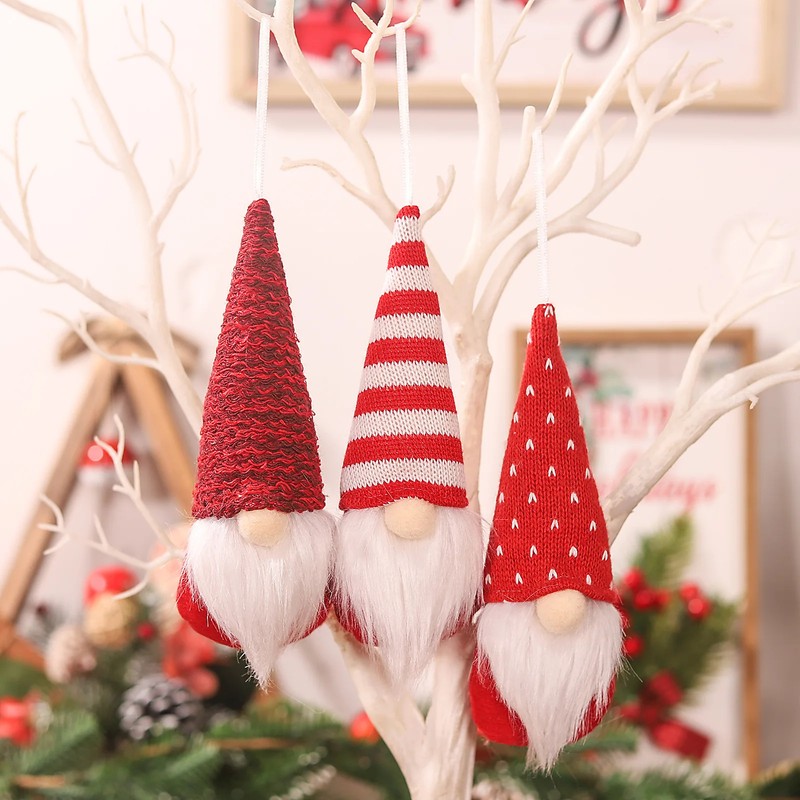 Christmas Gnome Hanging Ornaments - 3-Piece Gray Set with Patterned