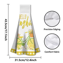 WADORN 2Pcs Lemon Bicycle Flowers Hand Towels with Hanging Loop, Soft Absorbent Bicycle Kitchen Towels Farmhouse Summer Decor Dish Cloths Set for Housewarming Gift Home Decoration, 13.5x12.4 Inches