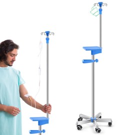 Thyle IV Pole with Wheels Tray Stand Portable 4 Hooks 5 Wheels IV Fluid Bag Stand Height Adjustable Stainless Steel Intravenous Pole with Hanging Net for Home Hospital Essential IV Practice Kit Supply