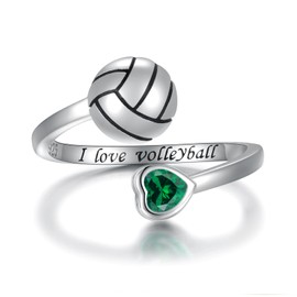 925 Sterling Silver Volleyball Ring Adjustable I Love Volleyball Jewelry Gift for Women Player (Green)