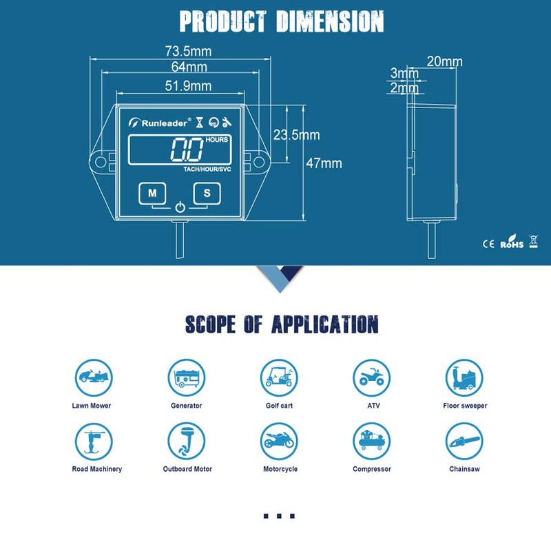 Backlight Engine Hour Counter Inductive Tachometer Digital Speedometer Operating Hour