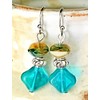 Silver with Frosty Teal and Amber Czech Bead Dangle Earrings.