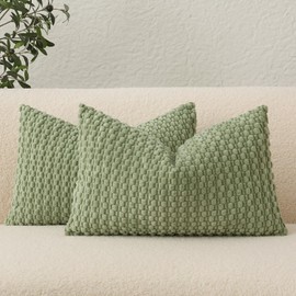 UGASA Velvet 12x20 Inch Lumbar Throw Pillow Cover, Both Sides Corduroy Striped, Soft Solid Decorative Rectangular Cushion Case for Couch/Bedroom/Car, 2 Pieces, Sage Green