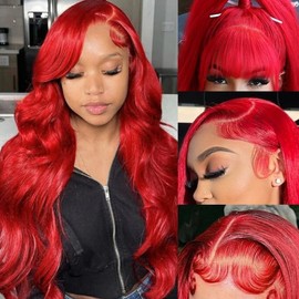 Long 34 Inch Red Lace Front Wigs Human Hair Body Wave 13x4 HD Transparent Hot Red Lace Frontal Wig Wear and Go Glueless Burgundy Red Wigs Human Hair Pre Plucked with Baby Hair Red Wigs For Black Women