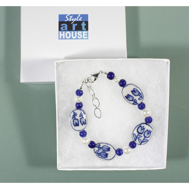 Style ARThouse Tulip Time Dutch Blue Delft Porcelain Bracelet, Adjustable