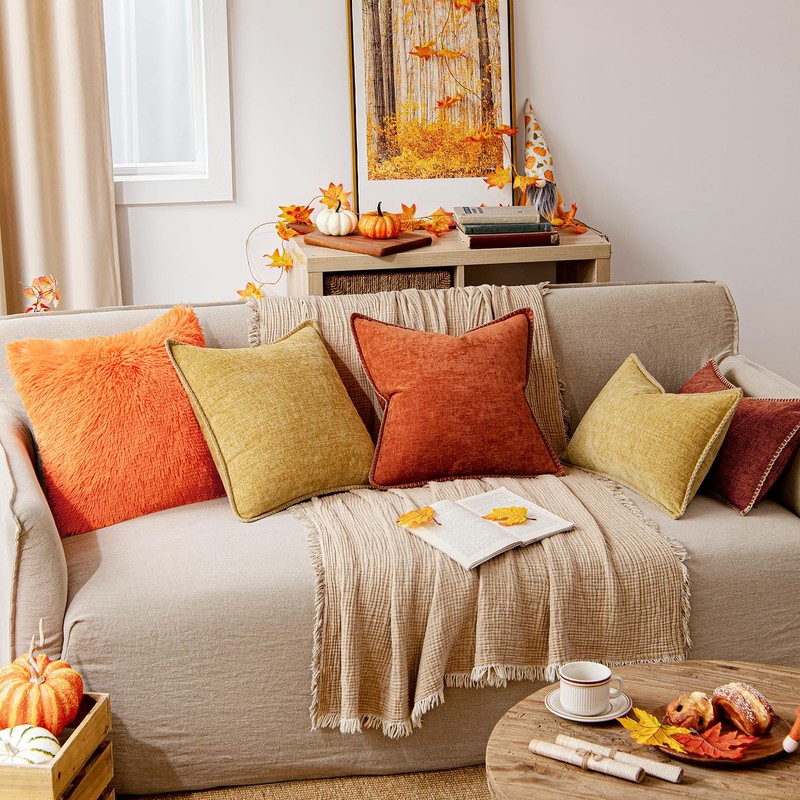ANRODUO Pack of 2 Rust Chenille Throw Pillow Covers 18x18