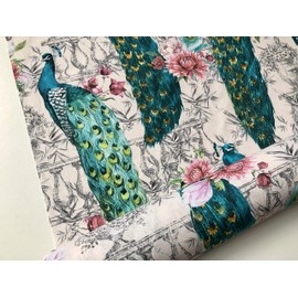 Peacock Bird Fabric - Floral Pink Peony Garden Furnishing, Curtains, Upholstery Material - 140cm Wide - Cream & Turquoise (Sold by The metre)