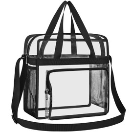 Busiuw Clear Bag for Stadium Events 12x12x6, Clear Tote Bag with Reinforced Straps and Front Pocket for Stadium Work Travel and Sporting Events(Black)