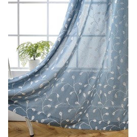 MIUCO Floral Embroidered Semi Sheer Curtains Faux Linen Grommet Curtain Set for Bedroom 52 x 95 Inch, Dusty Blue