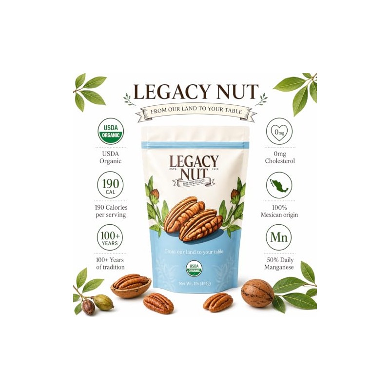 Nuez Pecana Orgánica, 1 lb (454g), Certificada USDA Organic, Pecanas