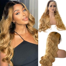 28 Inch Body Wave Lace Front Wigs Human Hair Pre Plucked Curly Wave Ombre 1B27 Glueless Wigs Human Hair 13x4 Color Natural Black to Honey Blonde Frontal Pre Plucked Real Human Hair Wig for Black Women