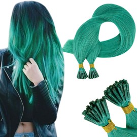 RUNATURE I Tip Hair Extensions Real Human Hair Teal Stick Tip Hair Extensions Pre Bonded Human Hair Extensions 16 Inch 20g Remy Teal Hair Extensions