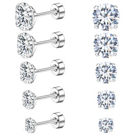 KWUNCCI Titanium Earrings for Sensitive Ears, Flat Back Stud Earrings for Women Men, CZ Silver Gold Black Screw Back Stud Earrings, Hypoallergenic Surgical Steel Cartilage Earrings Set, Stainless Steel, Cubic Zirconia