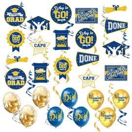 Graduation Decorations Class of 2025, Blue And Gold Set 18Pcs Hanging Swirls Cards Foil Ceiling Streamers With 9Pcs Balloons for School Classroom, Congrats Grad Party Decoration