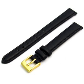 Ladies Soft Genuine Leather Watch Strap Band 14mm, Black, Gilt (Gold Colour) Buckle