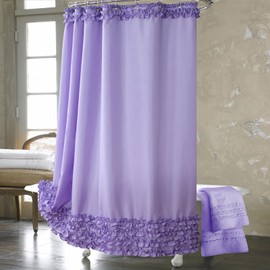 BESTRIPES Ruffle Shower Curtain, Purple Long Fabric Shower Curtain with Handmade Ruffles, Farmhouse Chic Bath Curtains, 72" W x 78" H