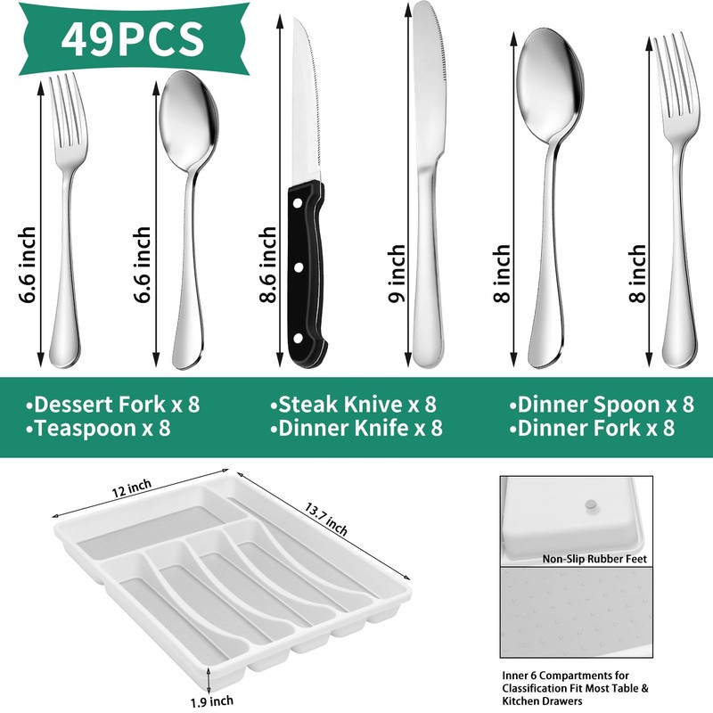 49PCS Silverware Set with Organizer, Stainless Steel Flatware Drawer Cutlery