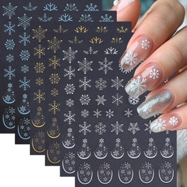 6 Sheets Christmas Nail Art Stickers 3D Self-Adhesive White Snowflake Nail Decals Winter Gold White Blue Snowflake French Nail Design Holiday DIY Manicure Decoration Supplies Accessories for Women